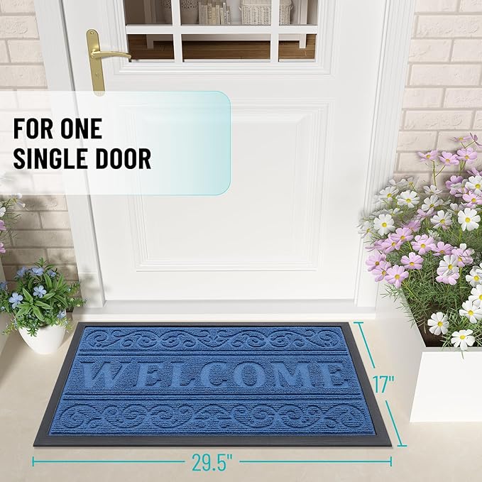 OLANLY Welcome Door Mat Indoor Outdoor Entrance, Heavy Duty Sturdy Front Door Mat, Waterproof All-Weather Doormat, Stain Resistant, Low Profile, Easy Clean Patio Entryway Mat, 36 x 24, Blue