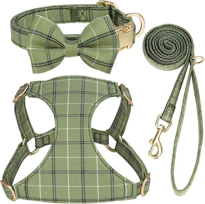 Beirui Cute Small Dog Harness Collar and Leash Set with Bowtie, Soft Adjustable Plaid Puppy Harness for Small Sized Dogs Cats Walks Parties and Photoshoots(Green,S:Chest 17-23")