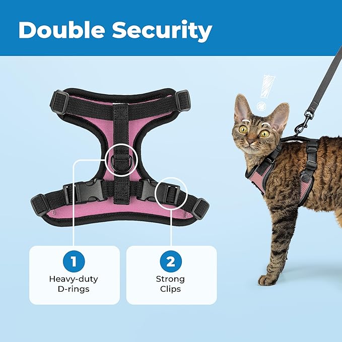 Voyager Escape Proof Cat Harness and Leash Set with Reflective Stitching, Neoprene Handle 5ft - Supports Small, Medium and Large Cats, Kittens for Walking by Best Pet Supplies - Black Trim-Pink, XXXS