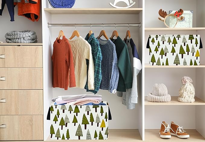 Rec Christmas Tree Print Box Hamper Storage Basket Collapsible Organizer Bin Gift Shelf Baskets for Home and Kitchen Storage