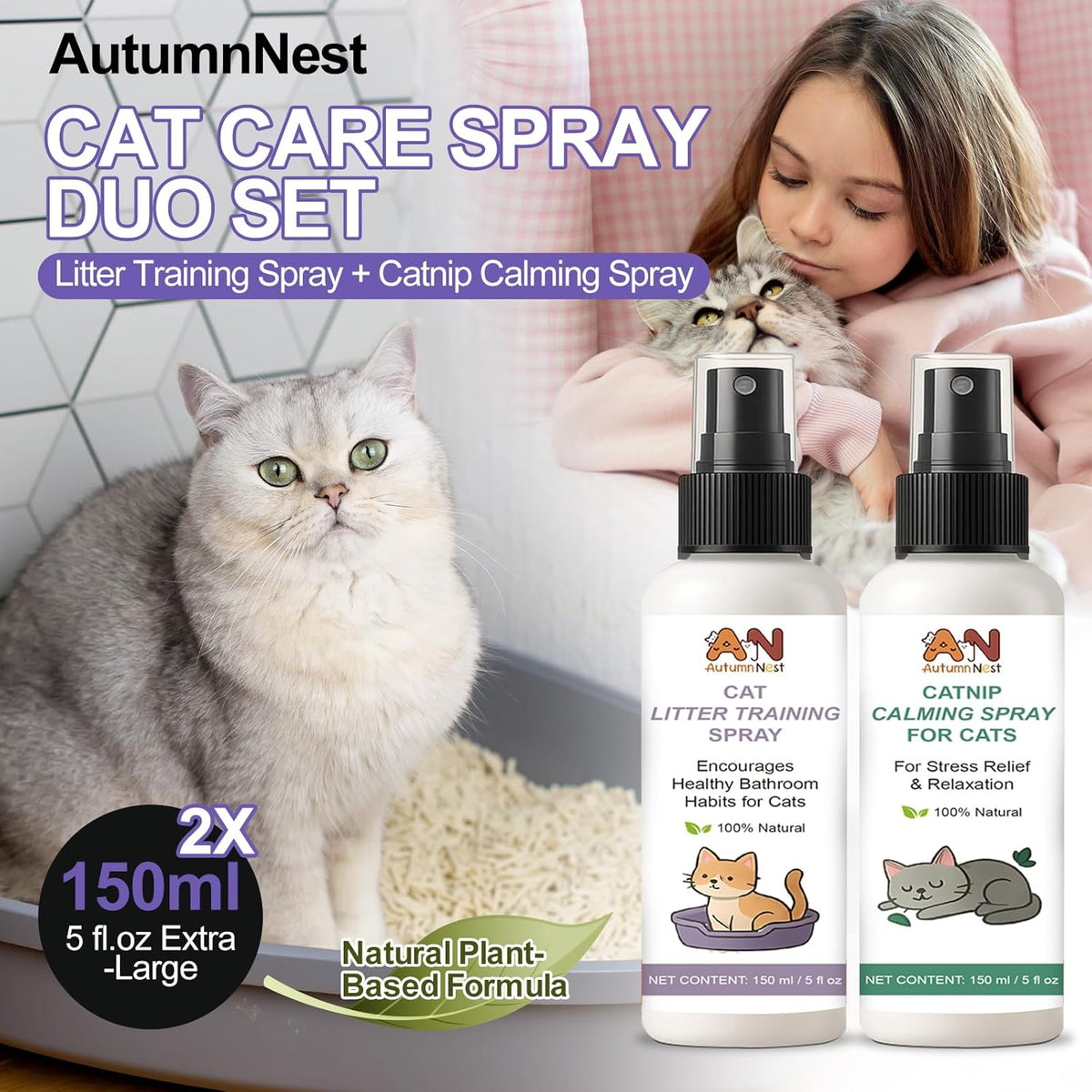 Cat Calming & Litter Training Spray Kit – 2-Pack 150ml Duo – Natural Catnip Calm Spray + Litter Box Attractant Spray – Safe Behavior Training Aid for Cats & Kittens