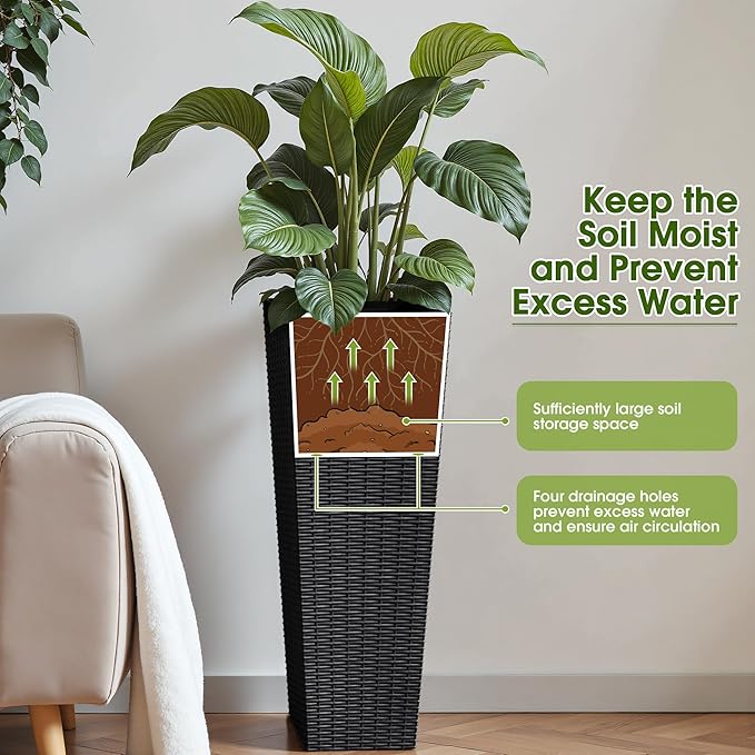Devoko Resin Tall Planters for Outdoor Plants Set of 2, Large Taper Outdoor Planter Pots with 4 Drainage Holes, Flower Pots Modern Decor for Porch, Patio, Backyard, Home Garden (Black, 32")