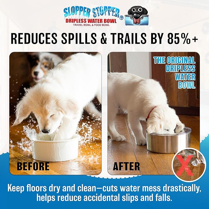 Stainless Steel Dripless Water Bowl with Tritan Plastic Lid, Holds 1 Gal, Reduces Spills & Trails Up to 85%+, Water Bowl for Giant Breed Dogs (86-130 lbs), The Original Slobber Stopper