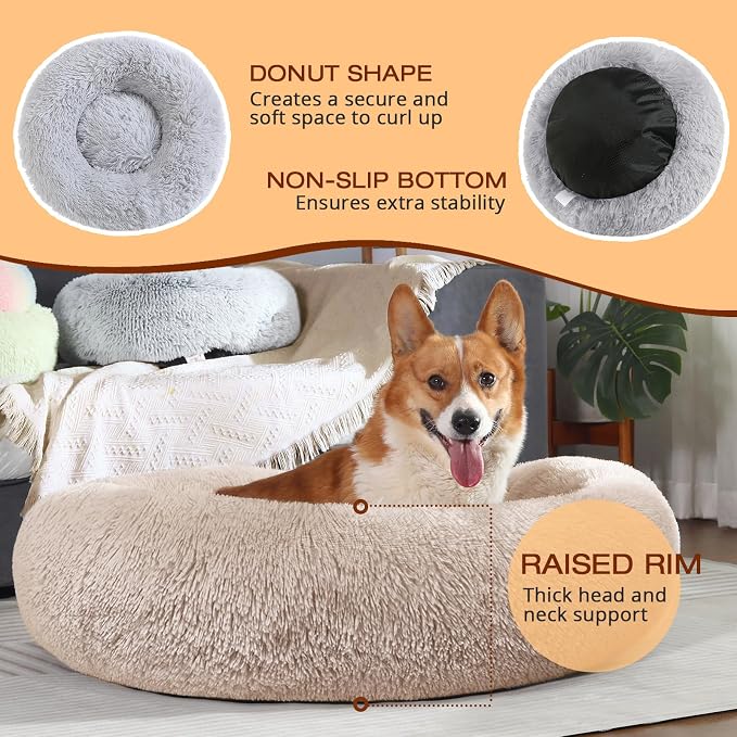 JOLLYVOGUE Dog & Cat Bed, Calming Anti-Anxiety Pet Bed for Small Dogs, Fluffy Donut Cushion for Small and Medium Pets (23")