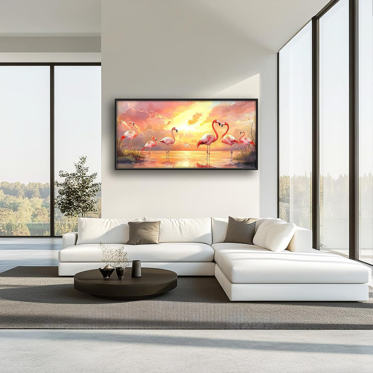 Large Flamingo Wall Art for Living Room, Framed Oversized Sunset Lake Wall Decor Landscape Canvas Painting Pictures Modern Artwork for Living Room Bathroom Bedroom Office Dining Room 60"x30"