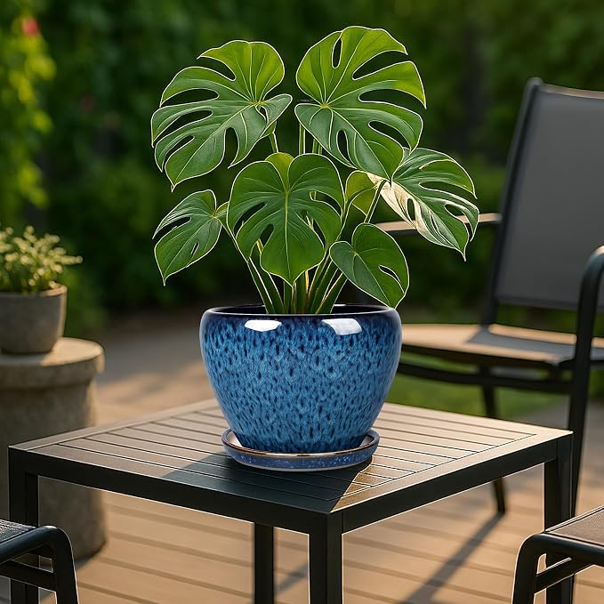 Deep Dream 8 Inch Plant Pots- Ceramic Pots for Plants with Drainage Hole and Saucer, Large Planter Pot for Indoor Plants Outdoor Decor, Blue
