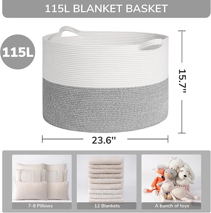 INDRESSME 115L Extra Large Blanket Basket, Soft Cotton Rope Storage Basket for Organizing, Home Decor, Toys, Laundry & Towels, Toy Storage Organizer for Living Room & Nursery, Light Grey