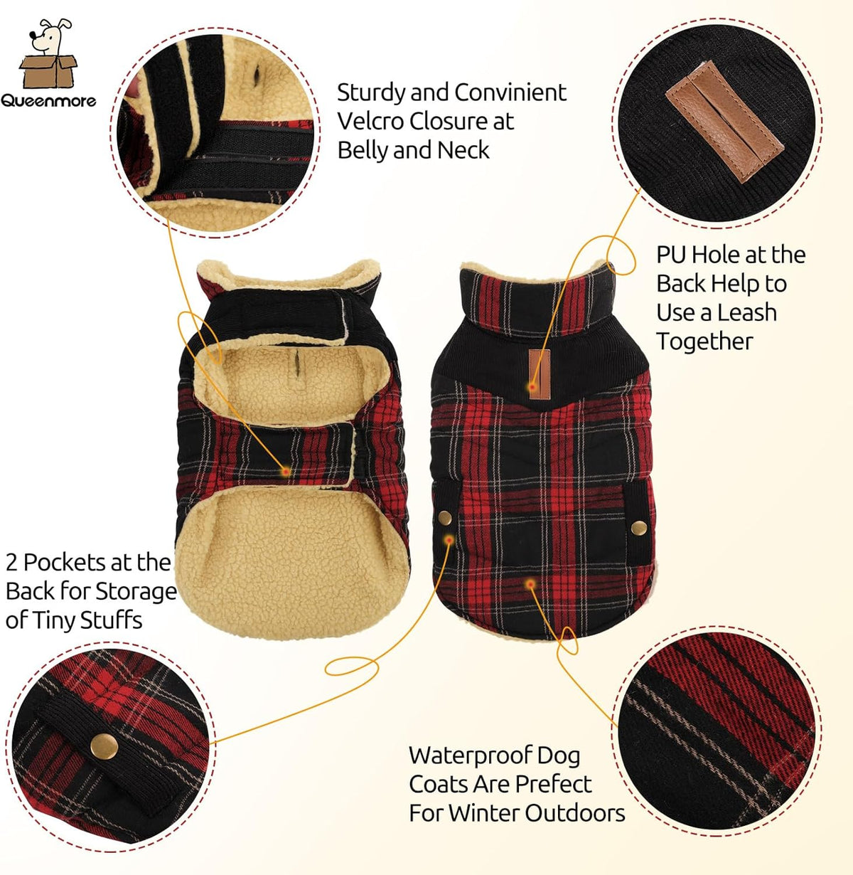 Queenmore Dog Winter Coat Warm Dog Jacket for Cold Weather, Quilting Puffer Plaid Coats for Small/Medium Dogs Waterproof,Girl/Boy Pet Christmas Coat,Pet Snowsuit with Leash Hole/Fleece Padding, M