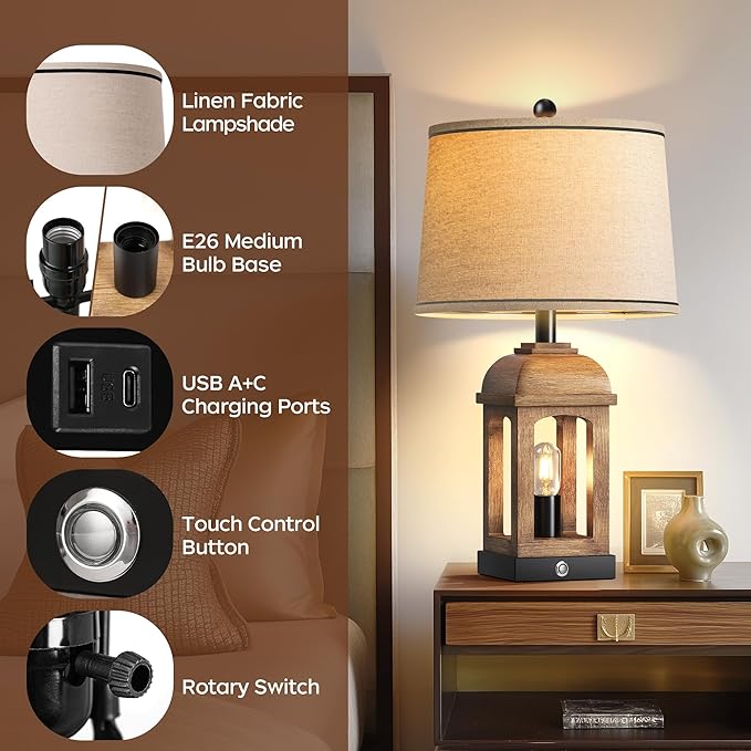QiMH Table Lamp for Living Room, Farmhouse Lamps with USB A+C and Nightlight, 26" Rustic Bedside Lamps with 3-Way Dimmable Touch Control, Nightstand Lamp for Bedroom, Wood Grain, 1 Pack
