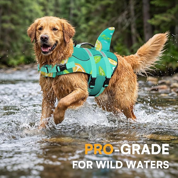 Dog Life Jacket with Rescue Handle - Adjustable Reflective Dog Shark Life Vest for Small Dogs, Green Print