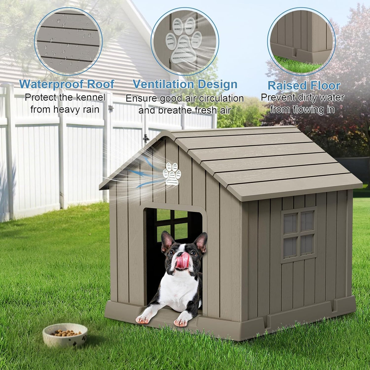 Dog House Indoor Outdoor for Small to Large Sized Dogs Resin Outdoor Dog House with Ventilation Puppy Shelter with Elevated Floor, Easy to Assemble, Blue