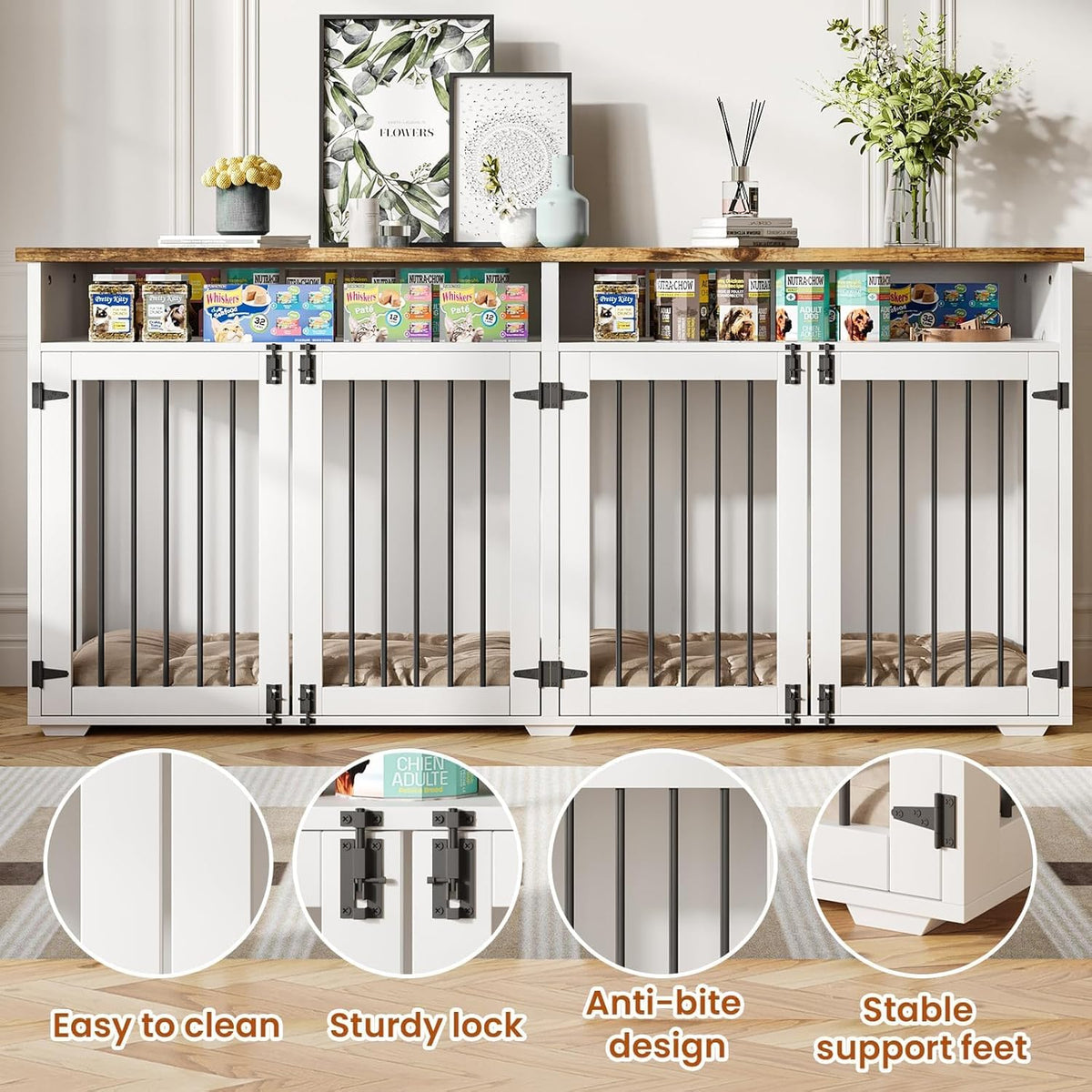 72'' Dog Crate Furniture for 2 Dogs, Wooden Dog Cage with Storage Compartment, Indoor Dog Kennel with 4 Doors for Large/Medium Dogs, White