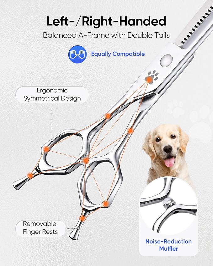 ULG Dog Grooming Scissors 40-Tooth 7.5” Curved Thinning Scissors Seamless 15%-20% Thinning Rate 440C Japanese Stainless Steel Tension Adjustable Left & Right Handed Pet Grooming Shears