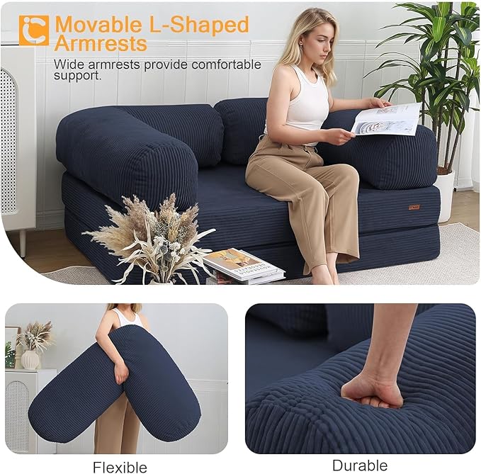 COMAX Folding Sofa Bed Queen, 4-in-1 Foldable Floor Couch Convertible Futon Sofa with Armrests, Sleeper Mattress Fold Out Chair Bed Comfy Portable Lounge Guest for Living Room Bedroom, Navy Blue