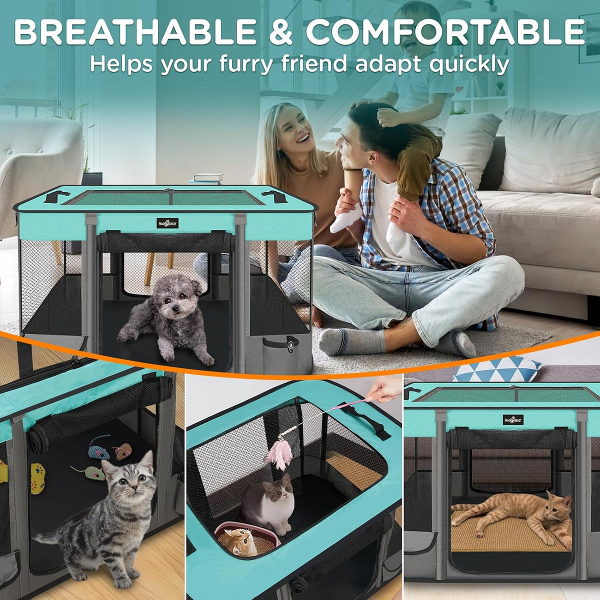 Foldable Pet Kitten Playpen, Waterproof Portable Pet Cat Dog Playpen Kennel Tent for Small Dog Cat, Removable Shade Cover, Come with Free Carrying Case, Indoor Outdoor Use for Small Animals, BlackTeal