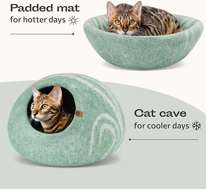 Cat Cave – Premium Felt Cat Bed Enclosure for Indoor Cats, Handmade Merino Wool (Pistachio, Large)