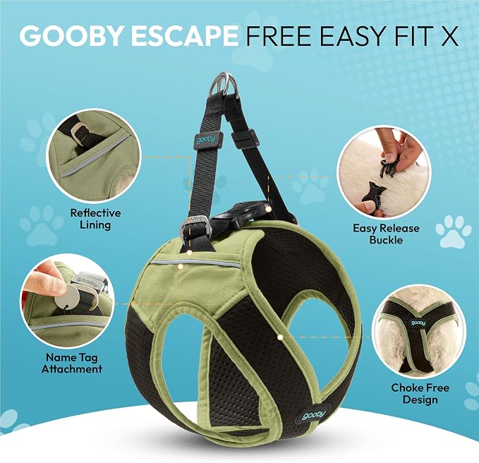 Gooby Escape Free Easy Fit X Step-in Dog Harness, Portland Green, X-Small | Patented escape-free, tightens on back-out; Choke-free X-frame + V-neck; Quick-release buckle; Reflective trim