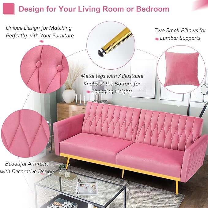 70” Velvet Futon Sofa Bed with 2 Pillows and Adjustable Armrests, Convertible Sleeper Bed, Modern Loveseat for Living Room, Bedroom, Pink