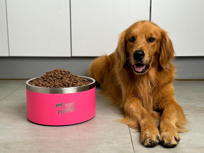 Tuff Pupper Heavy Duty Insulated Dog Bowl | Double Wall Stainless Steel Dog Food Dish | Non-Slip Spill Proof Dishwasher Safe Cat Bowl | Water Dish for Feeding Large Medium Small Pets (188oz, Pink)