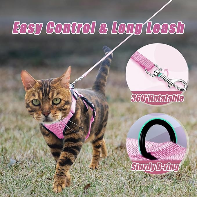 Cat Harness and Leash Set,Escape Proof Adjustable Cat Harness,Soft and Breathable Kitten Harness and Leash with Reflective Strips for Walking and Traveling(Pink, Small(8.9-16.6lb))