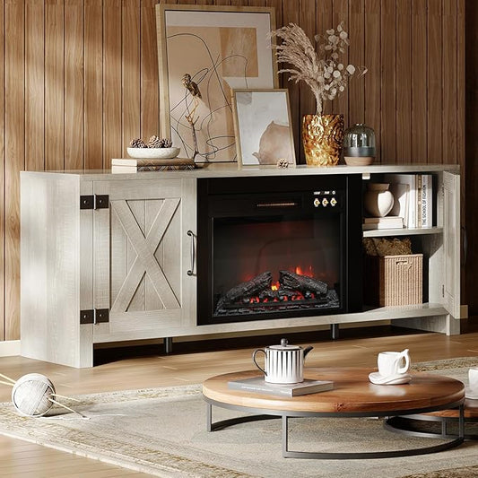 Bestier 63" Fireplace TV Stand for TVs Up to 70", Farmhouse Barn Door