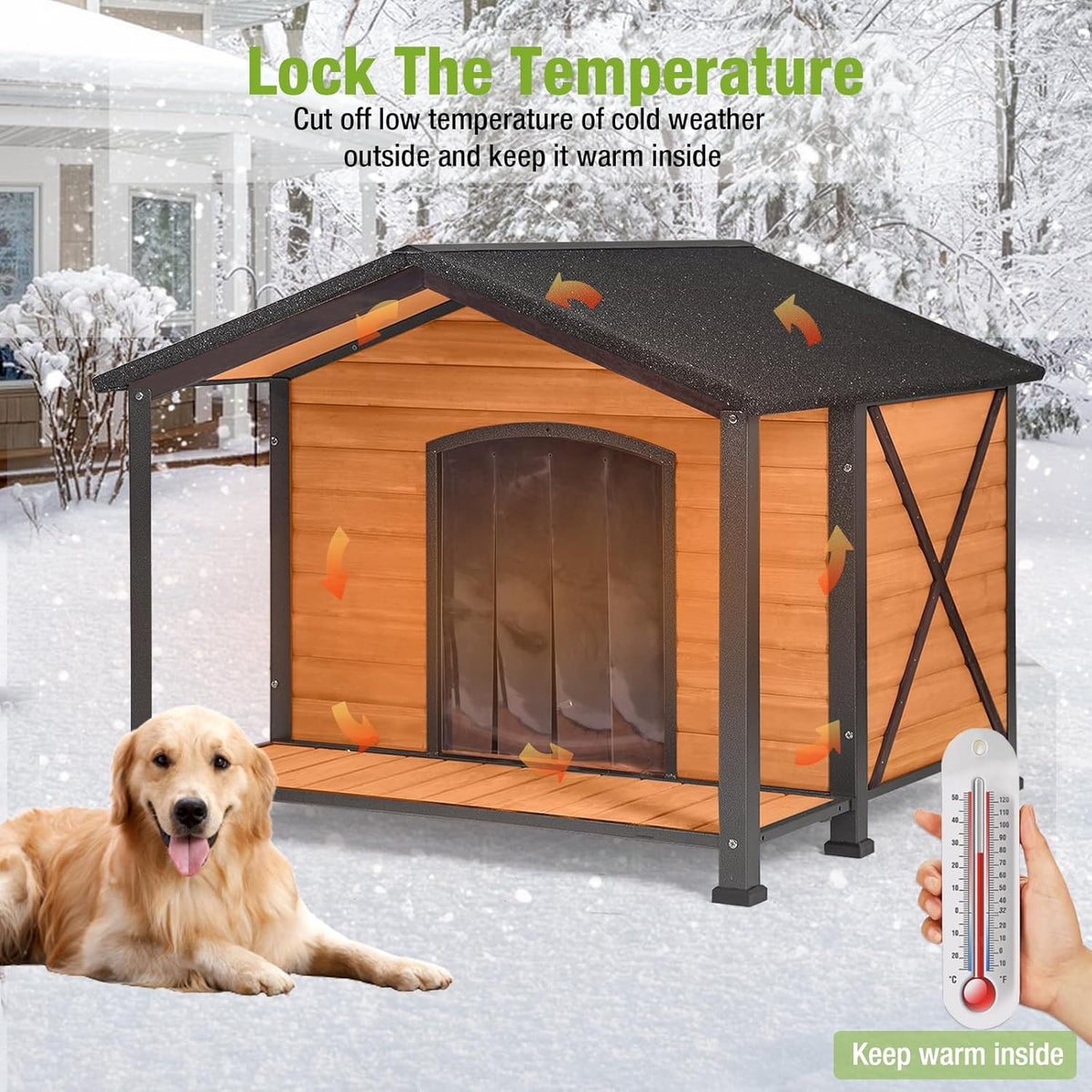 Dog House Outdoor Large Insulated Dog Kennel with Liner for Winter Waterproof Dog Cage for Small & Medium & Large Dogs,Unique All-Around Iron Frame