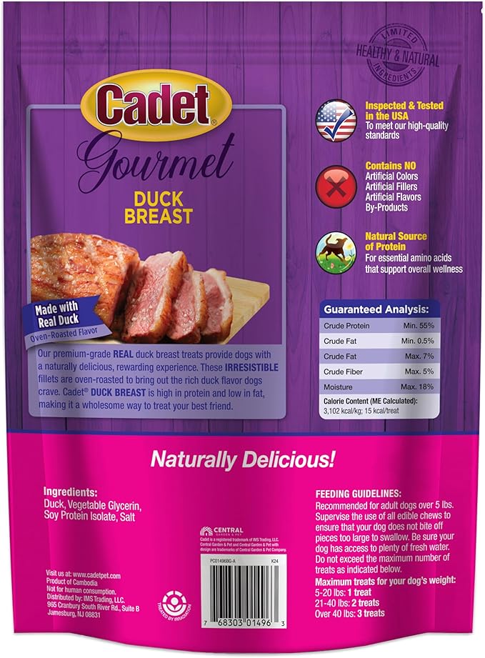 Cadet Gourmet Duck Breast Jerky Dog Treats, Healthy, Long-Lasting High-Protein Training Treats for Small & Large Dogs, 40 oz.