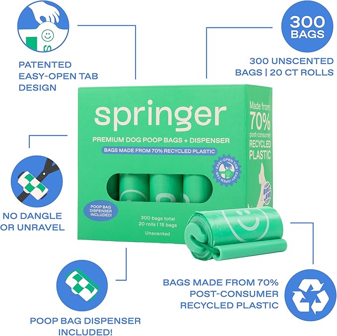 Springer Premium Dog Poop Bags with Dispenser Holder Included, 300 Count, Leak Proof and Thick Waste Bag Refill Rolls, Unscented, Made from Recycled Plastic with Easy to Open Tab