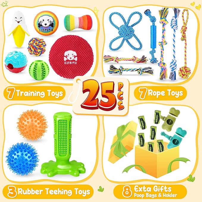 KIPRITII 25 Pack Various Puppy Dog Toys for Teething, Entertainment & Interaction, Puppy Chew Toys Pack with Rope Toy, Treat Balls and Dog Squeaky Toys for Puppies & Small Dogs