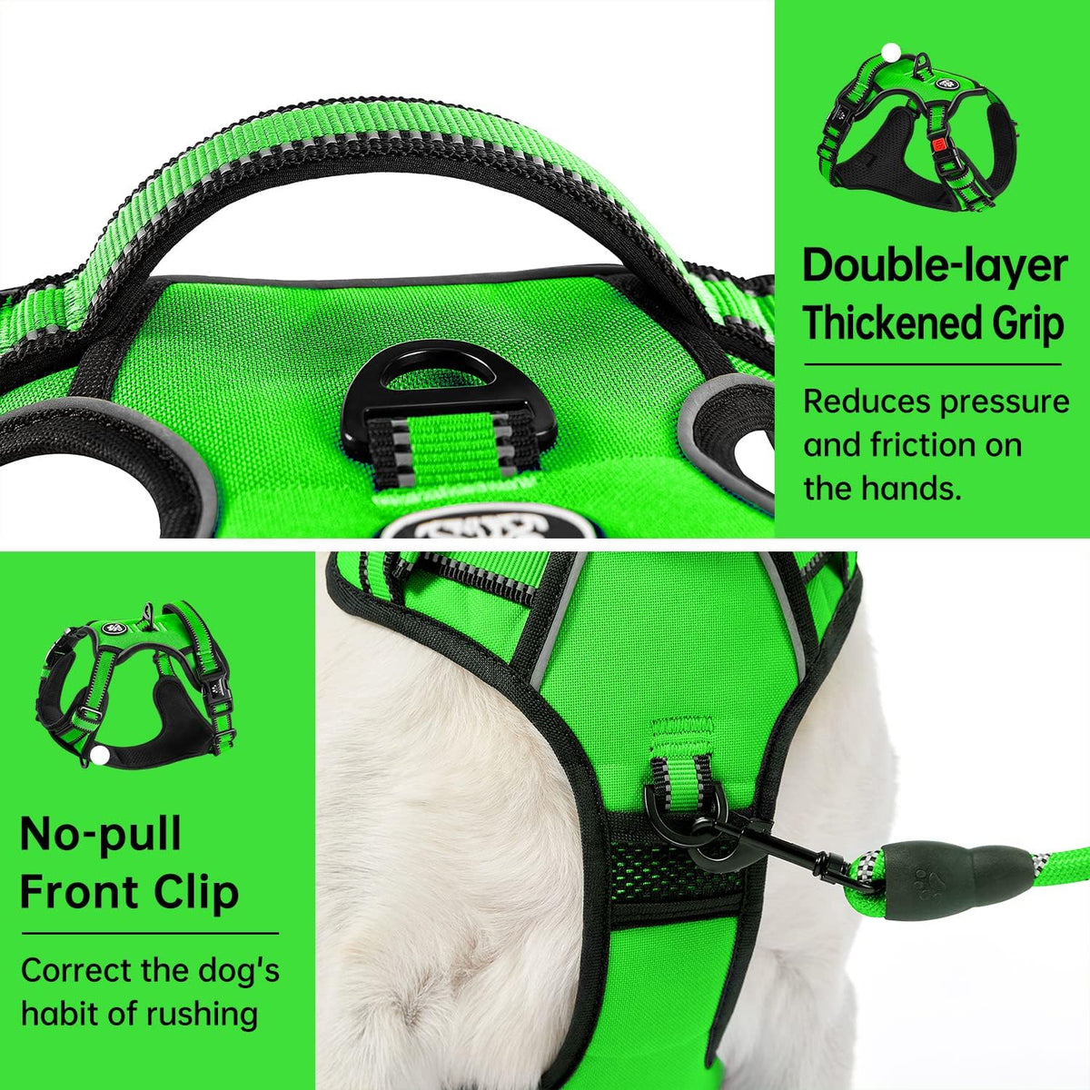 IVY&LANE No Pull Dog Harness for Large Dogs, Dog Vest Harness with Leash, Safety Belt and Storage Strap, Fully Adjustable Harness, 360° Reflective Strip, Soft Handle (Green, L)