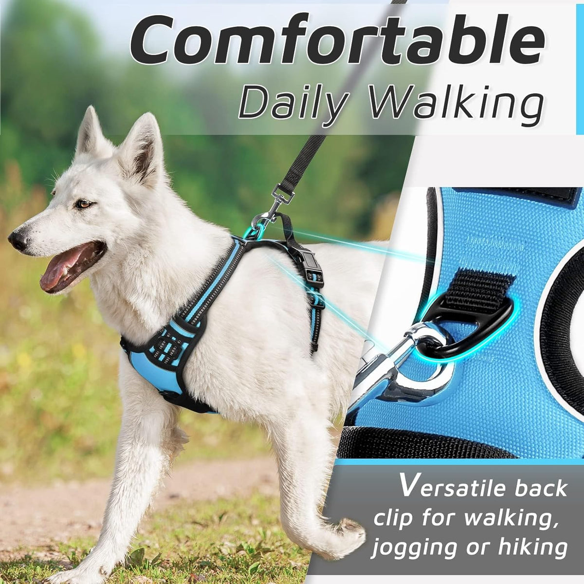 Eagloo Dog Harness Medium Sized Dog, No Pull Service Vest with Reflective Strips and Control Handle, Adjustable and Comfortable for Easy Walking, No Choke Pet Harness with 2 Metal Rings, Sky Blue, M
