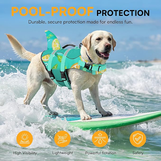 Dog Life Jacket,Dog Life Vest for Swimming,Dog Shark Life Jacket with Rescue Handle,Adjustable Reflective Dog Life Preserver for Extra Large Dog,Green Print 2XL