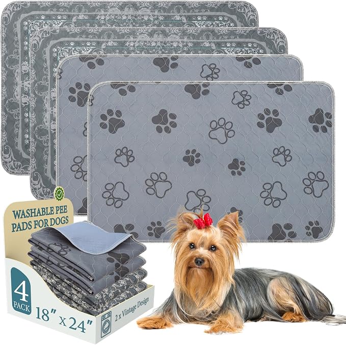 Homimp Washable Pee Pads for Dogs,4 Pack Reusable Puppy Pads,Absorbent and Leakproof Dog Pee Pads,Non Slip Puppy Training Pads,Pet Mat for Floor,Crate,Couch,Whelping,Grey 18"x24"