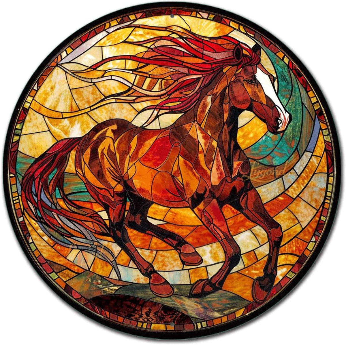 Lygond Metal Sign Tin Sign Circular Stained Glass American Mustang Garden Tin Sign for Gift 8×8 Inches