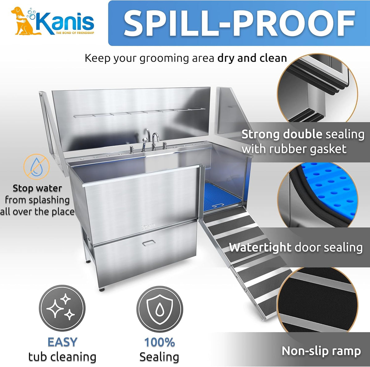 KANIS Professional Dog Washing Station - 304 Stainless Steel Pet Wash Sink & Grooming Bath Tub for Home with Ramp, Shower, Floor Grate, Storage Drawer, Faucet, Drain Kit for Large, Medium & Small Pets