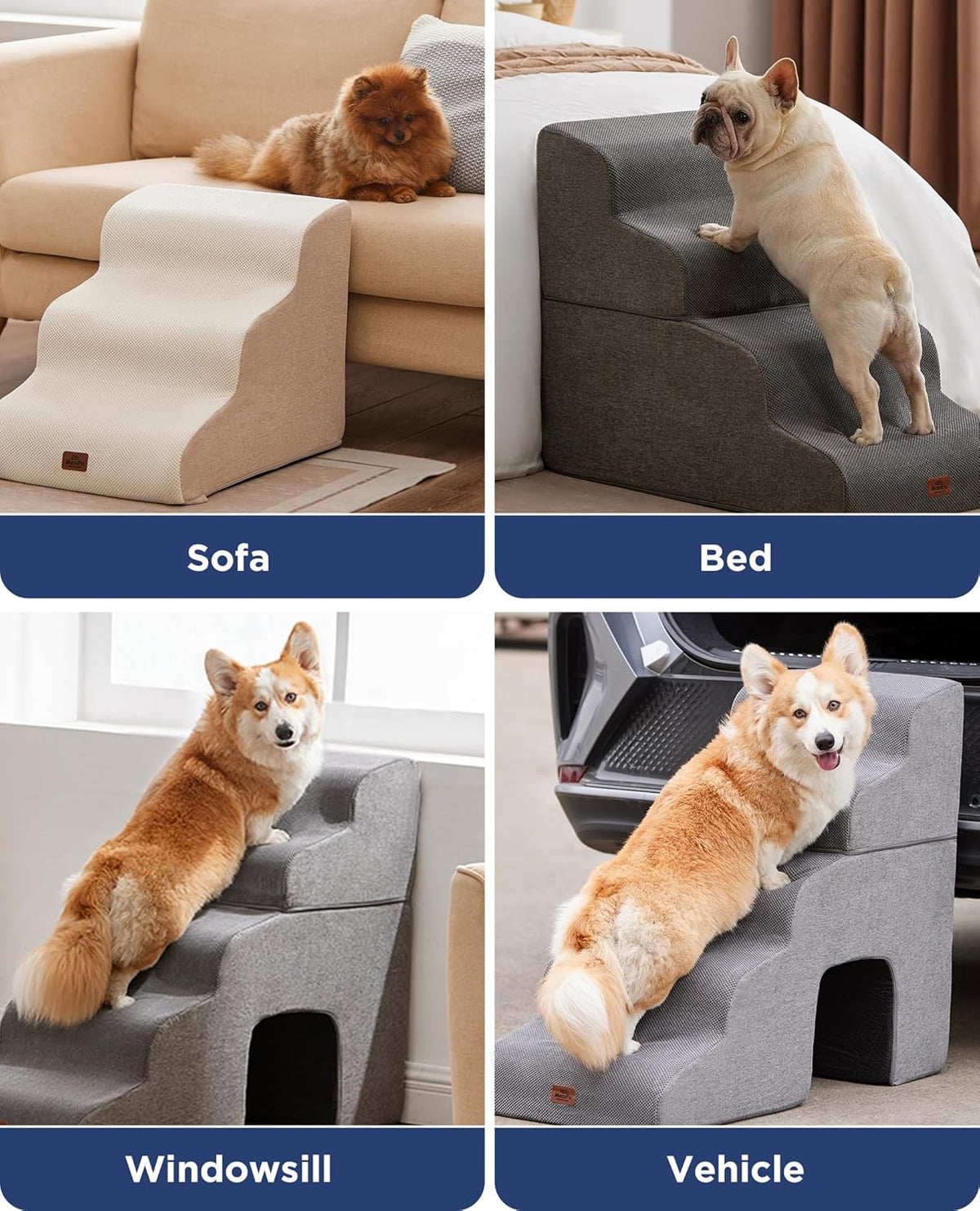 Beige Curved Dog Stairs Ramp for Small Dogs & Cats 17" H, 3-Step Dog Steps for Couch Sofa and Chair, Pet Stairs for Cats, Non-Slip Balanced Pet Steps