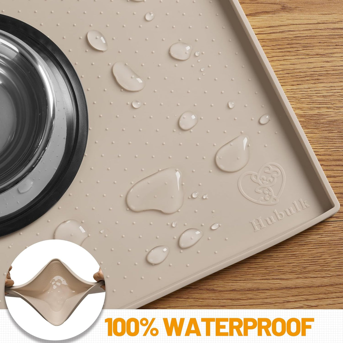 Hubulk Dog Feeding Mat,100% Waterproof Food Grade Silicone Pet Food and Water Bowl Placemat,Dishwasher, High Raised Edge to Prevent Spills,Nonslip Tray to Stop Messes on Floor（24"x16"x0.5", Taupe）
