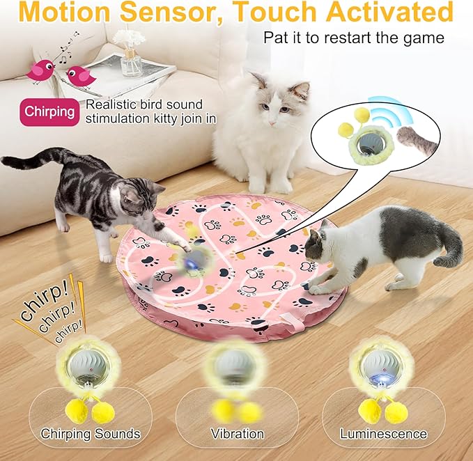 Interactive Cat Toys Ball, Automatic Motion Activated Ball in Pouch Fast Rolling Indoor, Hide and Seek Mouse Catching Game in Cat Play Mat with Chirping, LED Light, Auto On/Off (Pink)