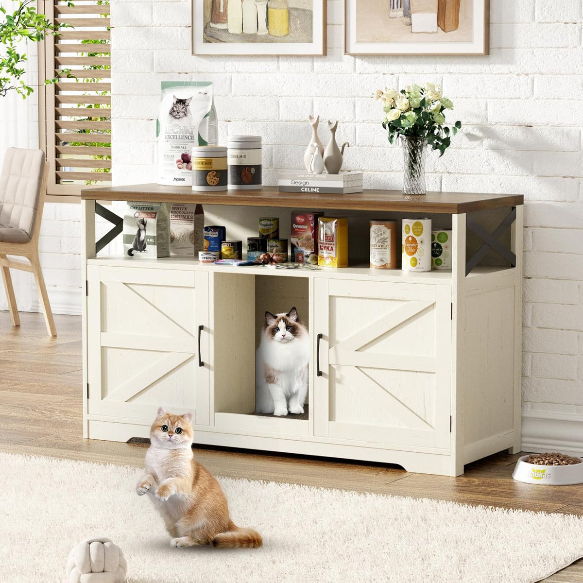 Cat Litter Box Enclosure for 2 Cats, 47" Double Hidden Litter Box Furniture with Scratch Pad, Farmhouse Indoor Litter Box Cabinet Cat Washroom, White