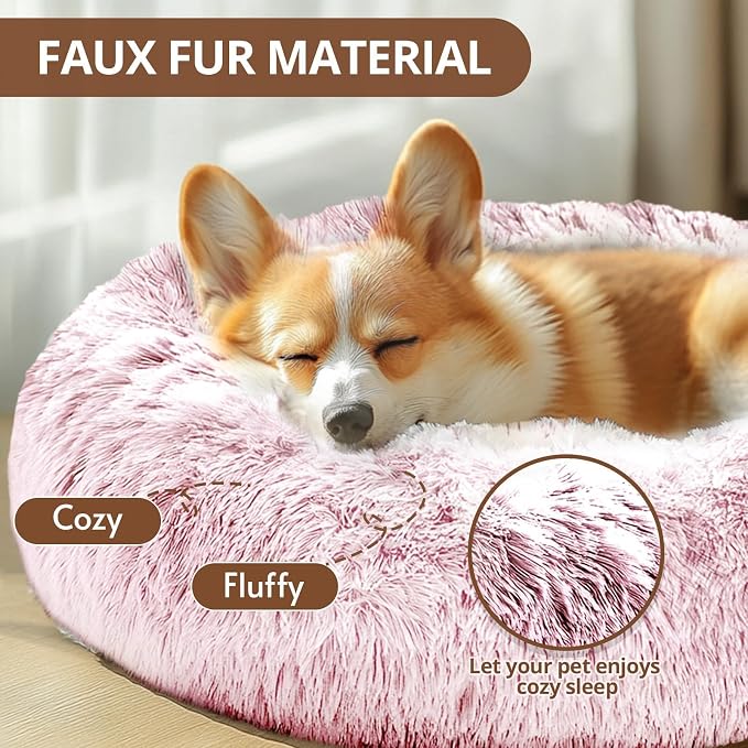 JOLLYVOGUE Calming Dog Bed for Small Dogs - 23 inches Donut Washable Small Dog Bed for Kittens & Puppies, Anti-Slip Round Fluffy Plush Faux Fur Cat Beds (Fits up to 25 lbs Pets, Smoke Pink)