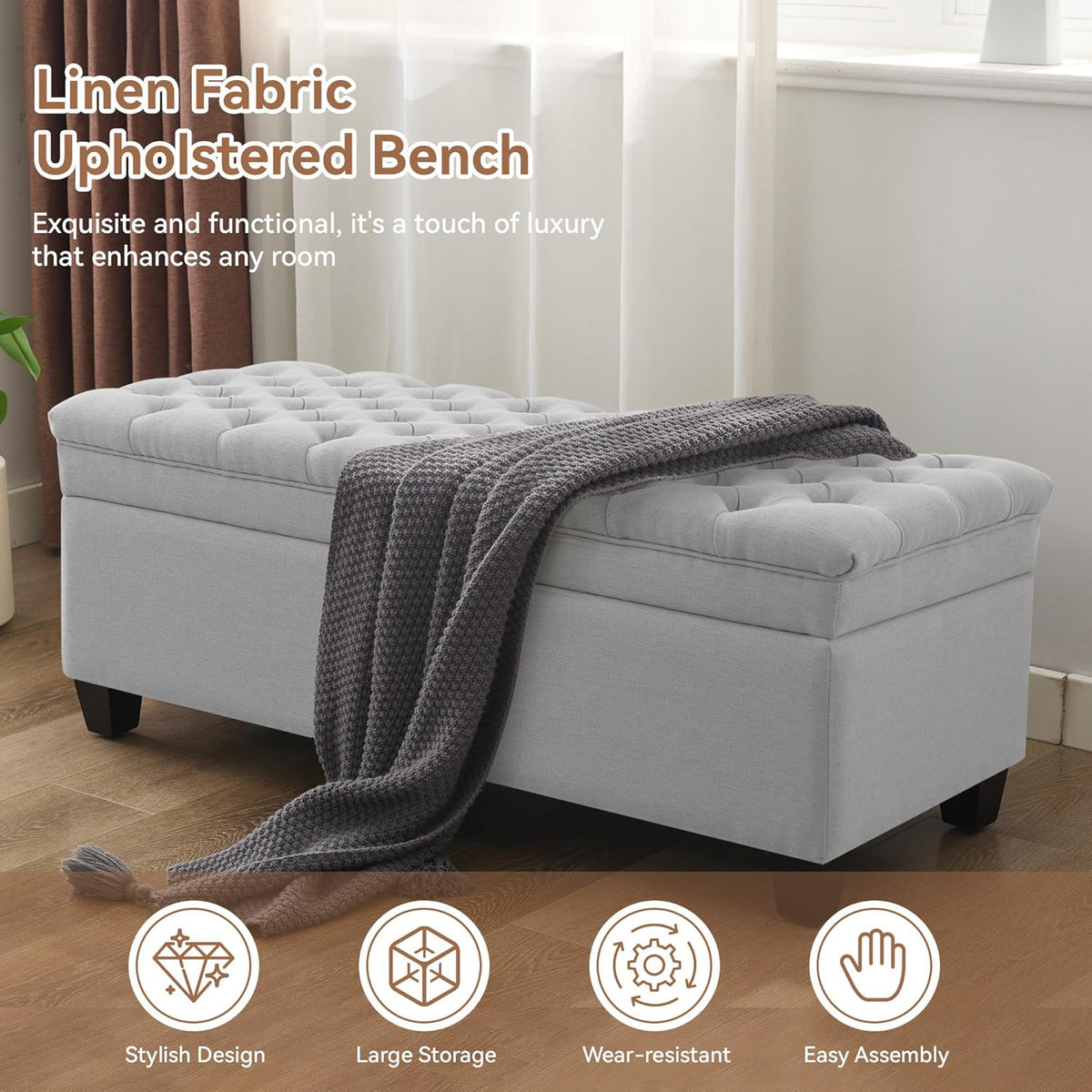 51" Fabric Storage Ottoman Bench, Upholstered Rectangle End of Bed Storage Ottoman Tufted Living Room Bedroom Bench with Safety Hinge, Solid Wood Legs, Loads 500 lb(Light Grey)