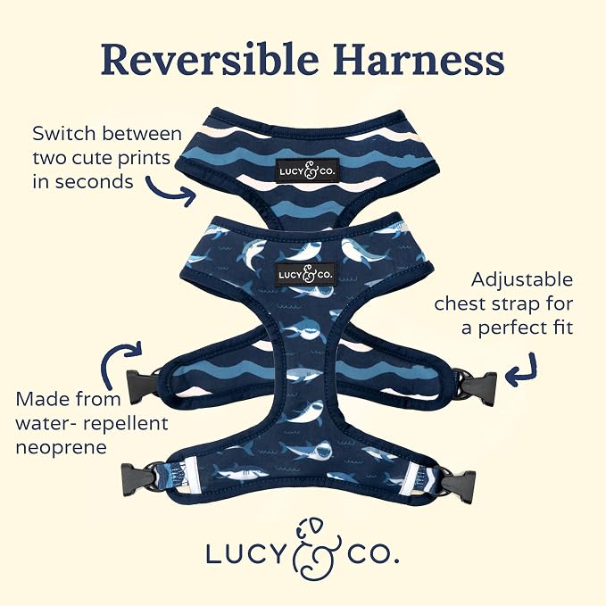 Lucy & Co. Reversible Dog Harness - Water-Repellent Neoprene, Dual-Print Design, Easy Swap Style, Adjustable Comfort Fit - Shark Attack Reversible Harness - Large
