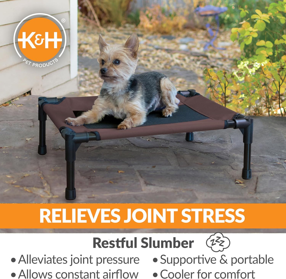 K&H Pet Products Outdoor Elevated Dog Cot, Breathable Cooling Elevated Cot Hammock Pet Bed for Small Dogs, Washable Mesh Cover, Raised Metal Frame, Collapsible, Portable - Small 22 X 17in Chocolate