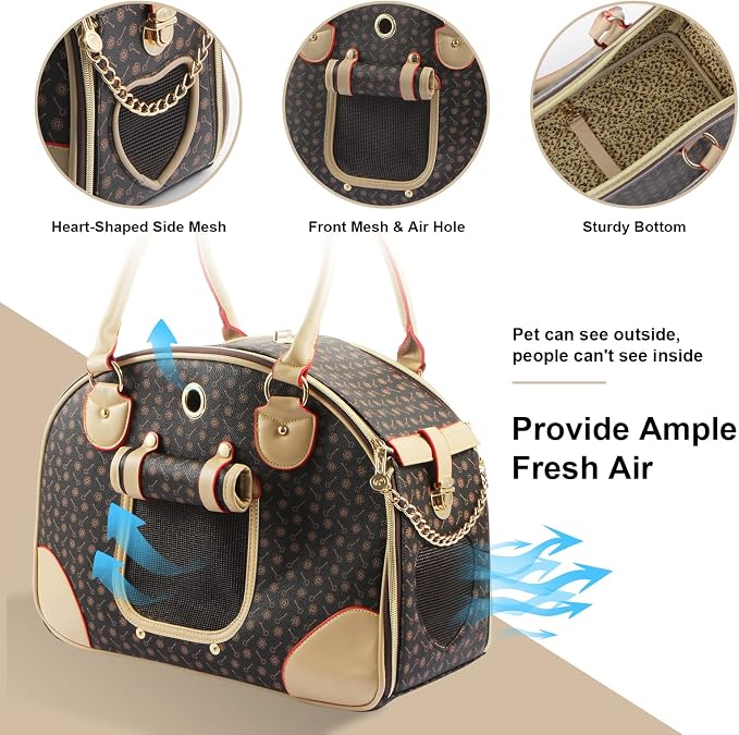 Fashion Dog Carrier PU Leather Dog Handbag Dog Purse Cat Tote Bag Pet Cat Dog Hiking Bag, Brown, Large 42 * 29 * 18cm