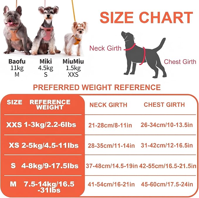Puppytie XXS Puppy Harness with Multifunction Dog Leash,Soft Adjustable No Choke Escape Proof Pet Harness Vest,Orange,XXS