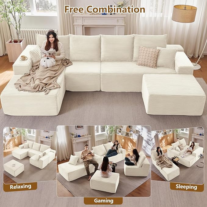 135" L-Shape Sofa with Ottoman, Modern Modular Sectional Comfy U-Shape Cloud Couch, Deep Seat, Upholstered Corduroy Sleeper Chaise Longue for Living Room Bedroom, No Assembly Required, White