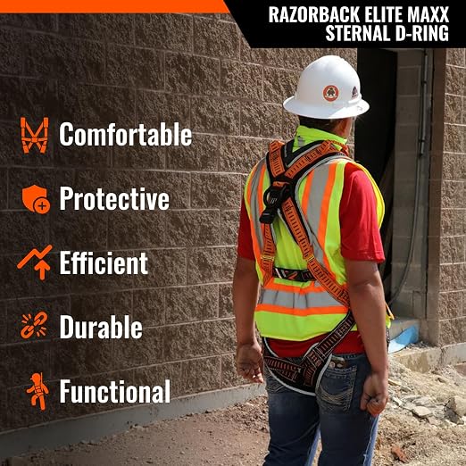 Razorback Elite MAXX - Safety Harness and Fall Protection Kit with Sewn in Lumbar Support Belt and Built-in Rescue Handles for Fall Arrest, OSHA & ANSI Compliant (Large-XLarge)