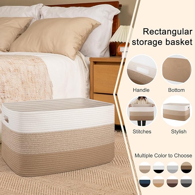 OIAHOMY Large Blanket Basket For Living Room, Rectangle Woven Baskets for Storage, Nursery Toy Storage With Handle-22”x17”x12”-Gradient Light Yellow