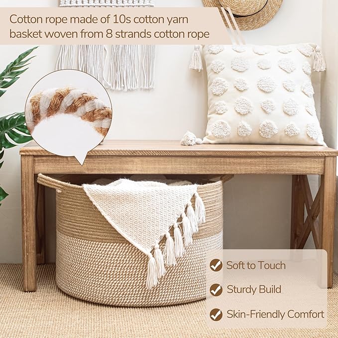 INDRESSME Extra Large Woven Baskets for Storage, 21.7'' x 13.8'' Wicker Basket with Handle for Blankets, Big Laundry Baskets for Clothes, Pillows, Towel, Shoe Basket for Entryway, 90L White Jute