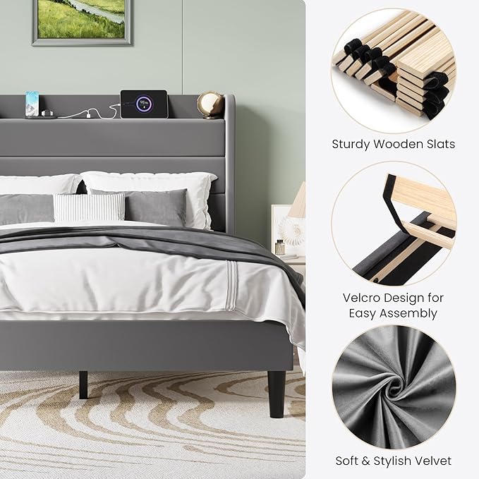 SHA CERLIN Full Size Bed Frame with Charging Station, Velvet Upholstered Platform Bed, Wingback Storage Headboard, Type-C & USB Ports, Strong Wooden Slats, No Box Spring Needed, Easy Assembly, Grey